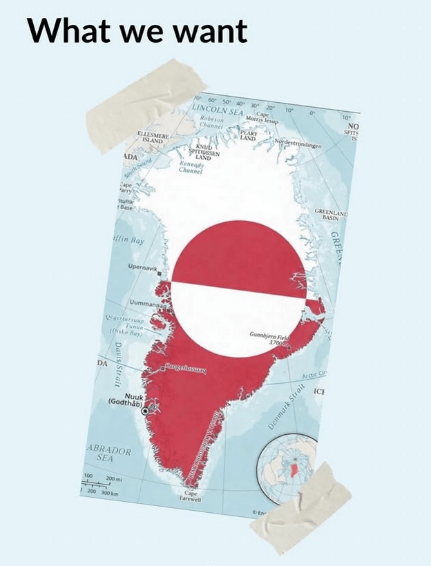 Post widely shared by Greenlanders on social networks to challenge the imperialist and colonial declarations of the United States. © Aka Hansen